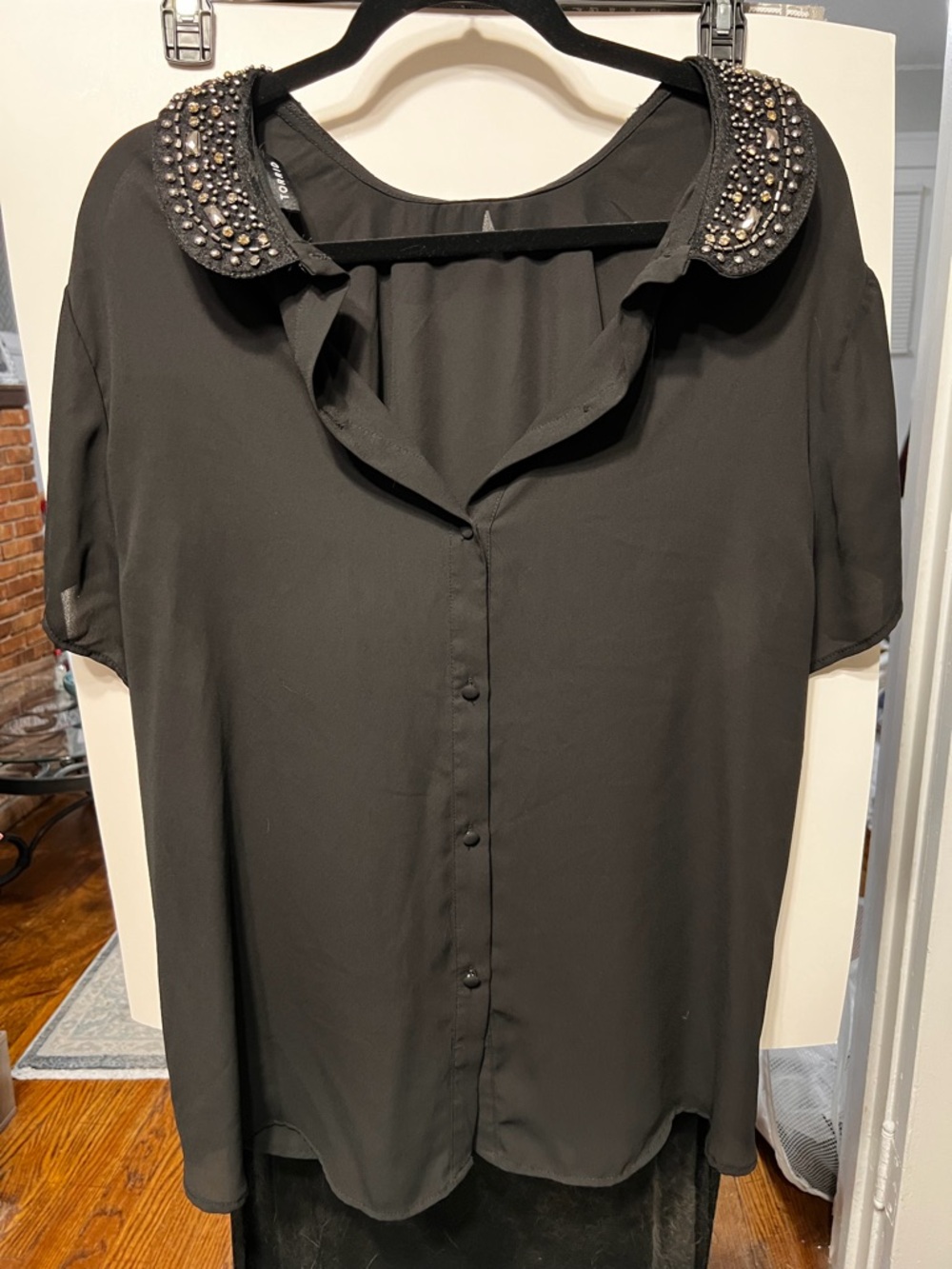 torrid Black Short-Sleeve Button Down Top with Embellished Collar